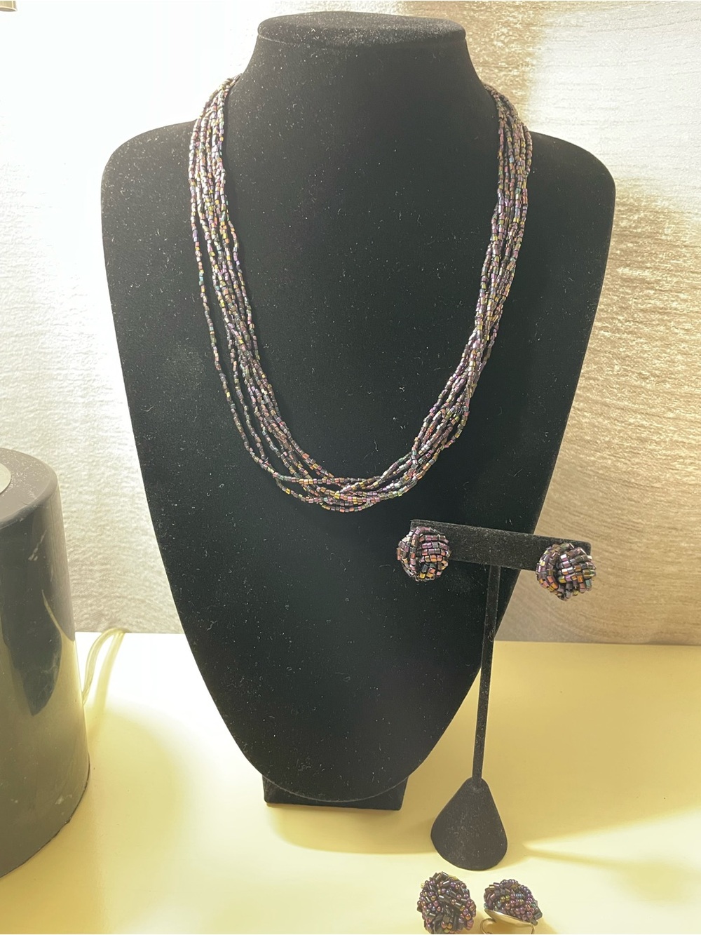 Multi-Strand Beaded Necklace and Stud Earrings Set - Iridescent Purple
